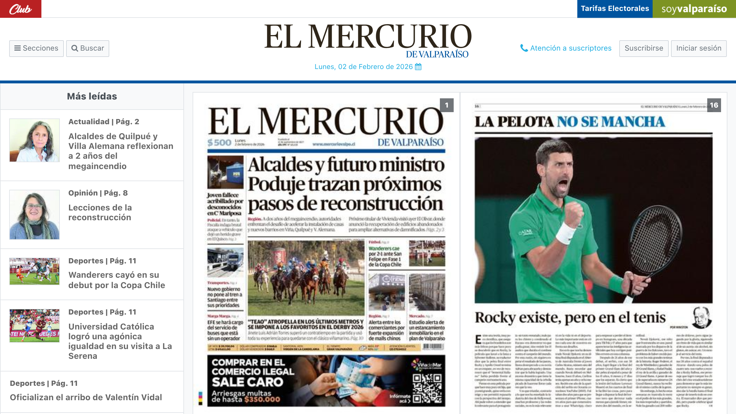 Captura de pantalla de El Mercurio de Valparaiso